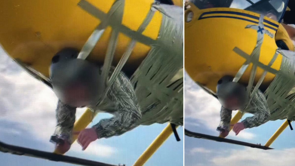 Noticia: Lo pegaron con cinta de embalaje al helicóptero para un sobrevuelo Lo pegaron con cinta de embalaje al helicóptero para un sobrevuelo