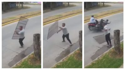 Imagen de Un hombre evita un asalto al lanzar una reja a unos motochorros